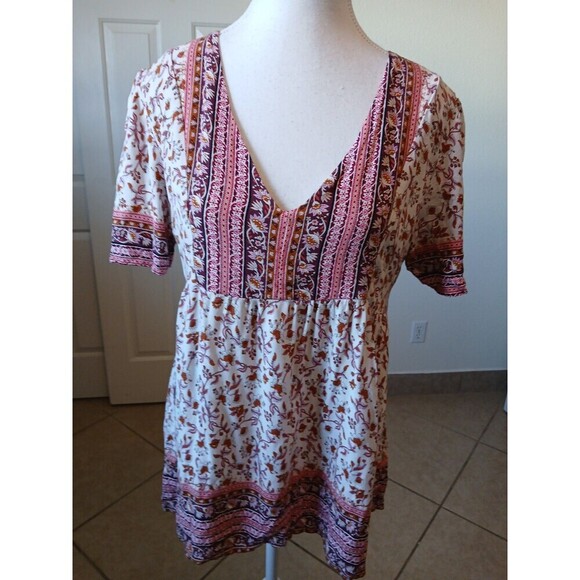 Knox Rose Peplum Top Medium Short Sleeve Floral Print Boho Bohemian Peasant - Picture 1 of 13